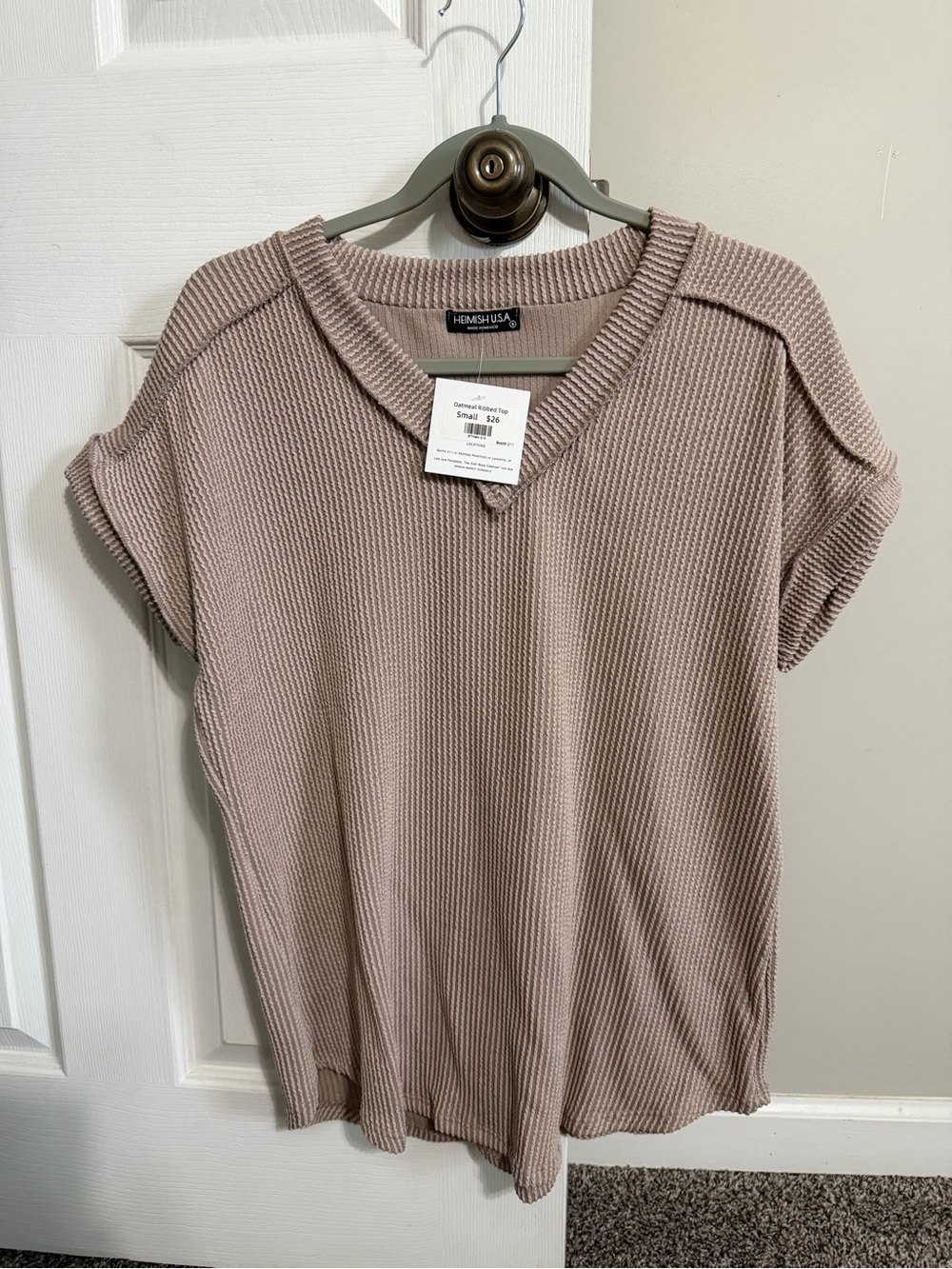 HEIMISH USA Oatmeal Ribbed V-Neck Short Sleeve Top